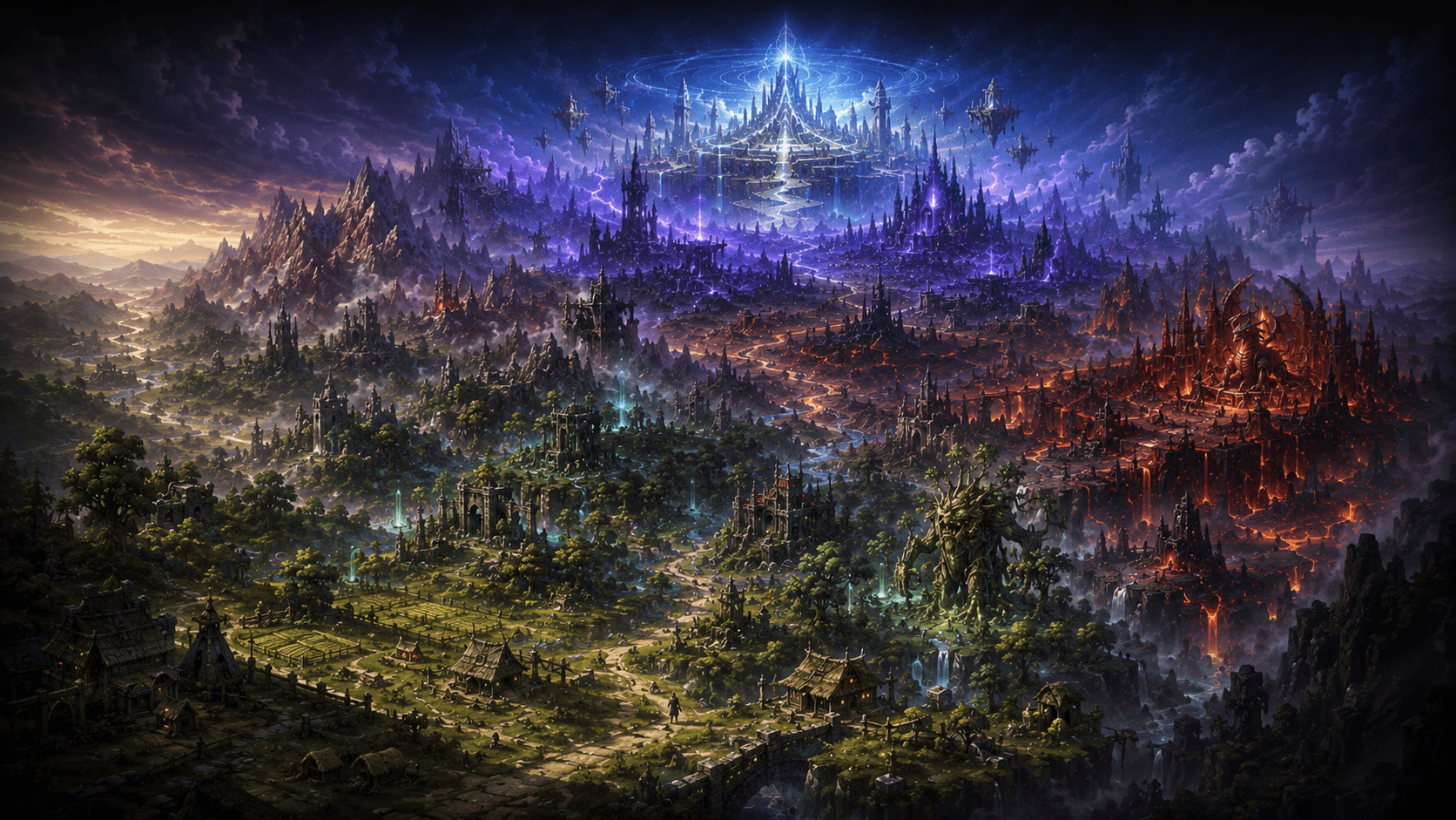 A panoramic fantasy realm stretches from green valleys and ancient ruins to volcanic and shadowed regions beneath a luminous floating citadel.