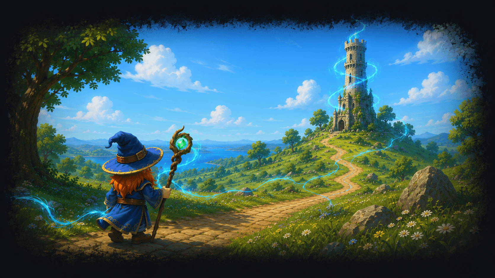 A small blue-robed wizard follows a winding road toward Cael'Thorin as luminous Auralis threads flow across a bright fantasy landscape.